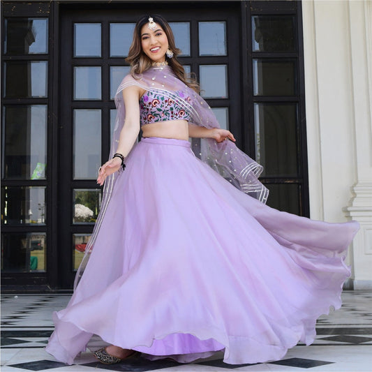 Lavender Organza Lehenga with Multicolor Floral Blouse