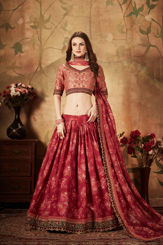 Traditional Red Floral Lehenga Choli with Embroidered Blouse and Dupatta
