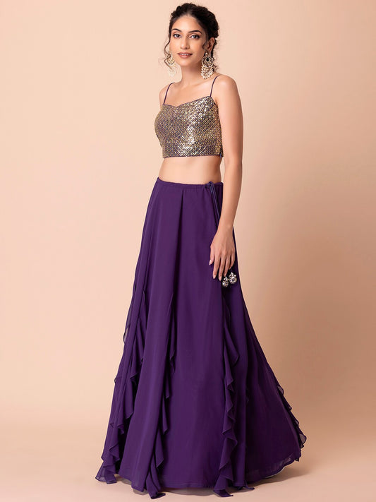 Purple Ruffle Lehenga with Golden Sequin Crop Top & Net Dupatta
