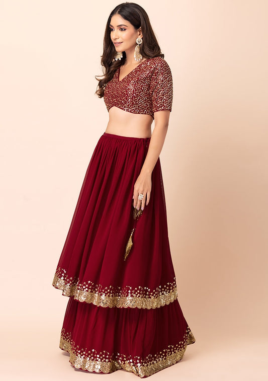 Maroon Sequin Embroidered Lehenga Set with Mirror Work Blouse & Dupatta
