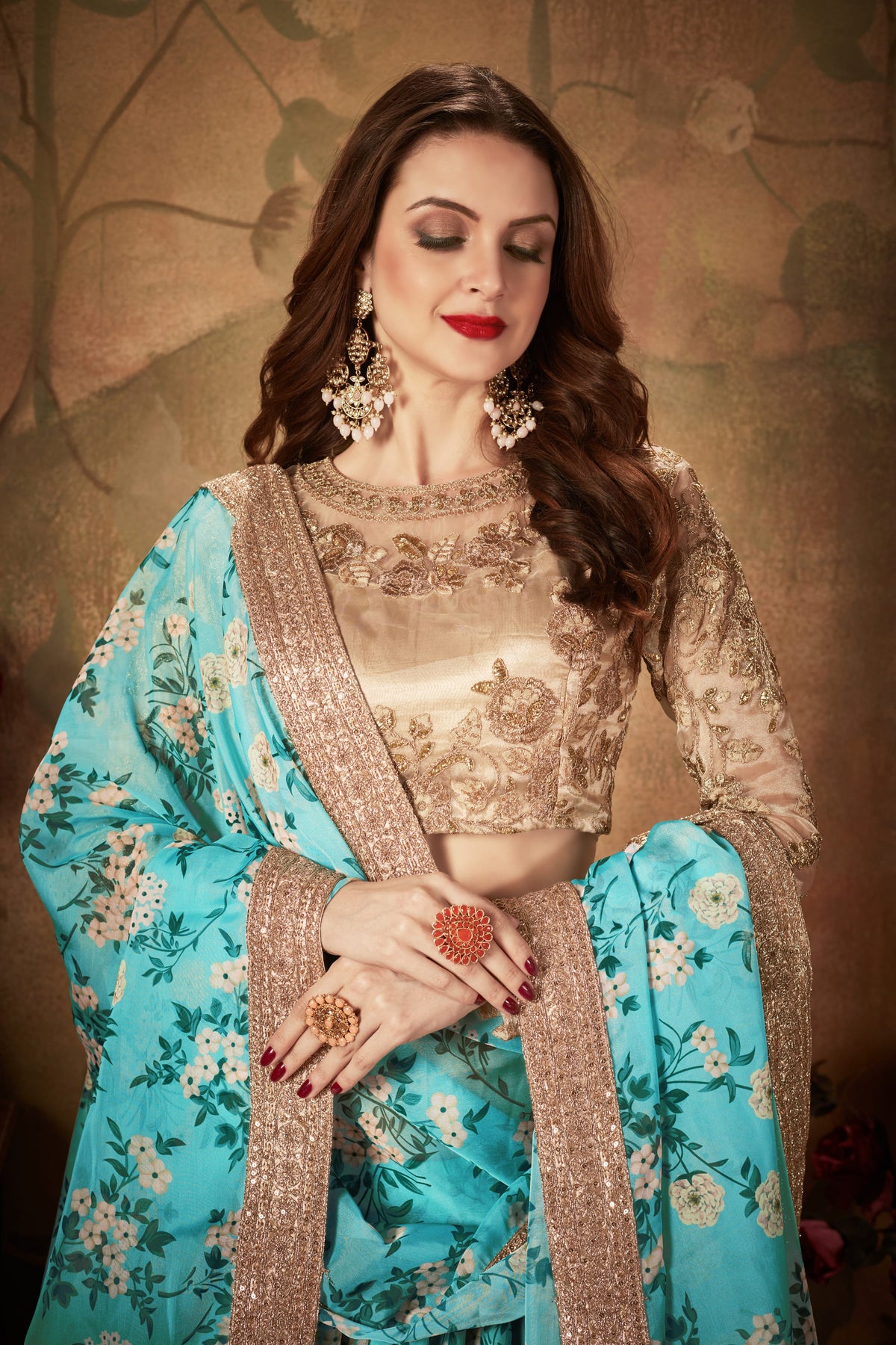 Blue Floral Lehenga Choli with Embroidered Golden Blouse and Dupatta