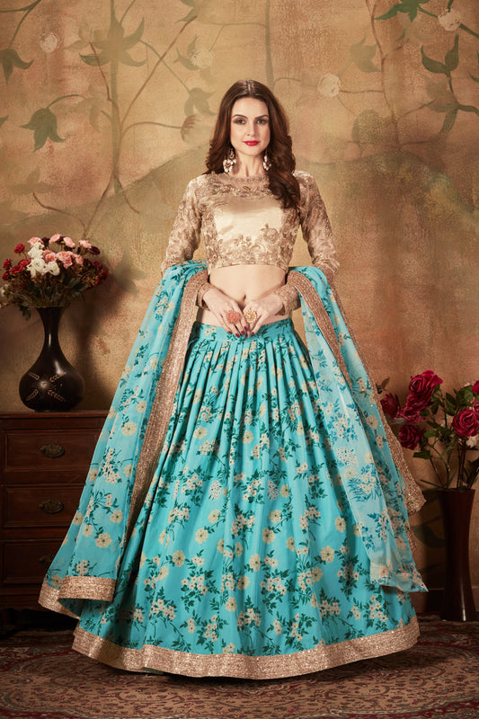 Blue Floral Lehenga Choli with Embroidered Golden Blouse and Dupatta