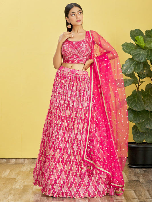 Hot Pink Mirror Work Lehenga Choli and printed dupatta Set for Wedding