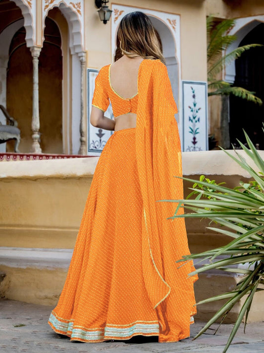 Orange Bandhani Lehenga Choli with Golden Border
