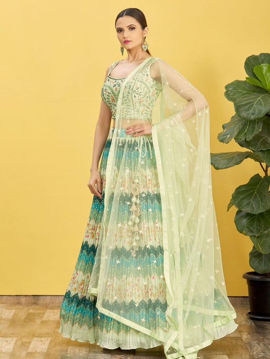 Mint Green Floral Embroidered Lehenga Choli with Net Dupatta