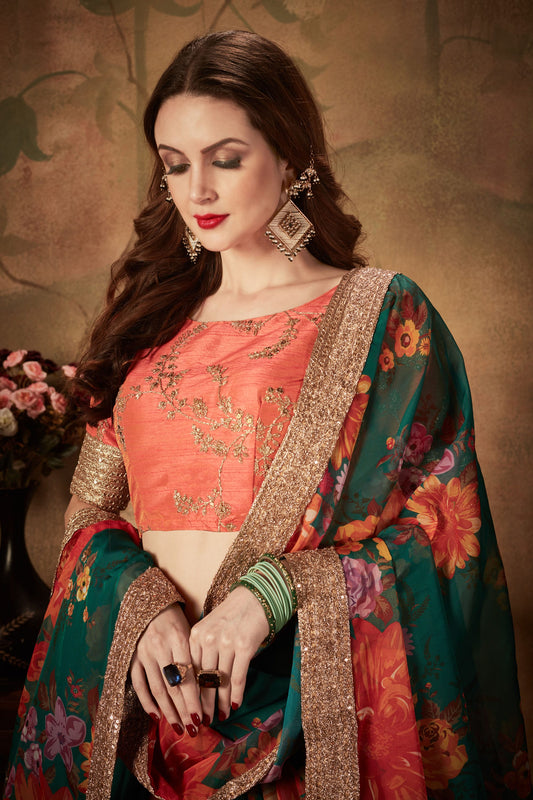 Floral Green and Orange Lehenga Choli with Embroidered Blouse