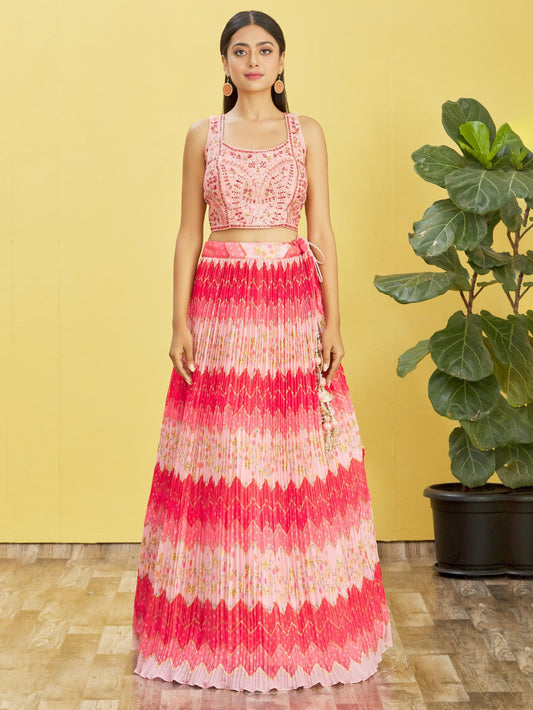 Blush Pink Floral Embroidered Lehenga Choli with Net Dupatta