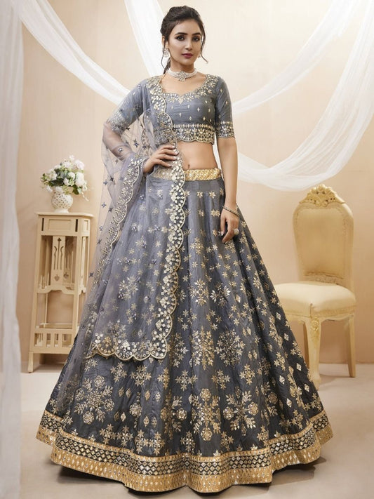 Grey Zari Art Silk Lehenga Choli with Dupatta