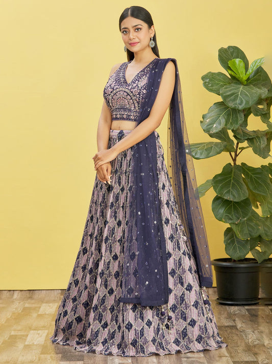 Navy Blue Embroidered Lehenga Choli Set with Net Dupatta