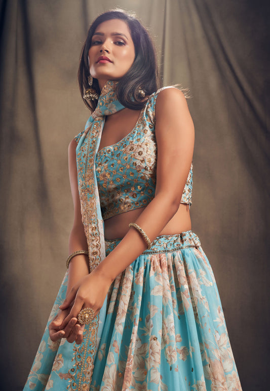 Pastel Blue Floral Lehenga with Sequin Embroidery