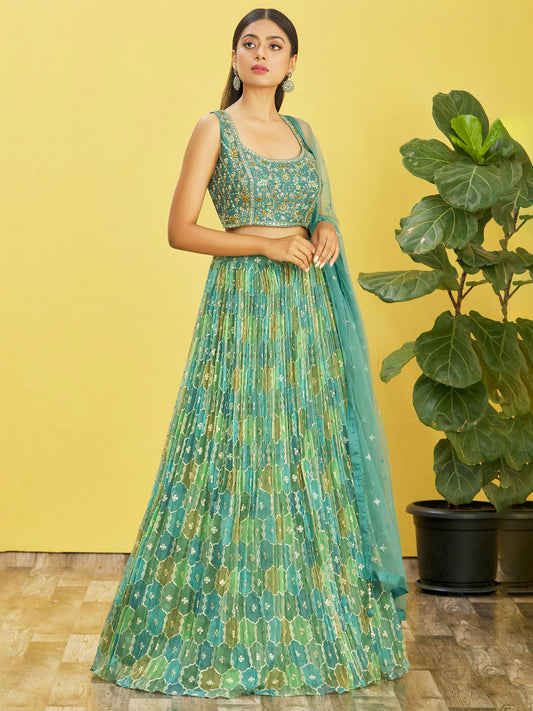 Green Embroidered Lehenga Choli with Net Dupatta