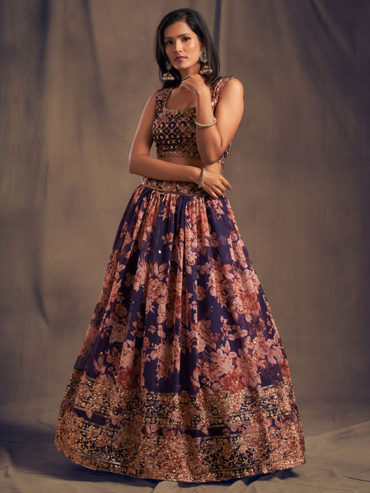Navy Purple Floral Lehenga with Gold Sequin Embroidery