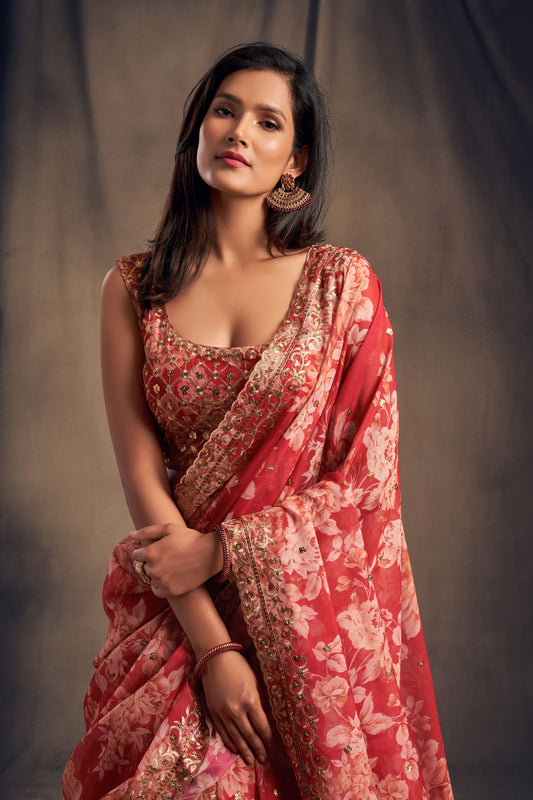 Red Floral Lehenga Choli with Zari & Sequin Work