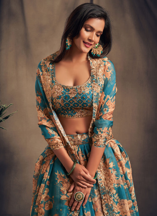 Teal Blue Floral Lehenga Choli with Golden Zari & Sequin Embroidery