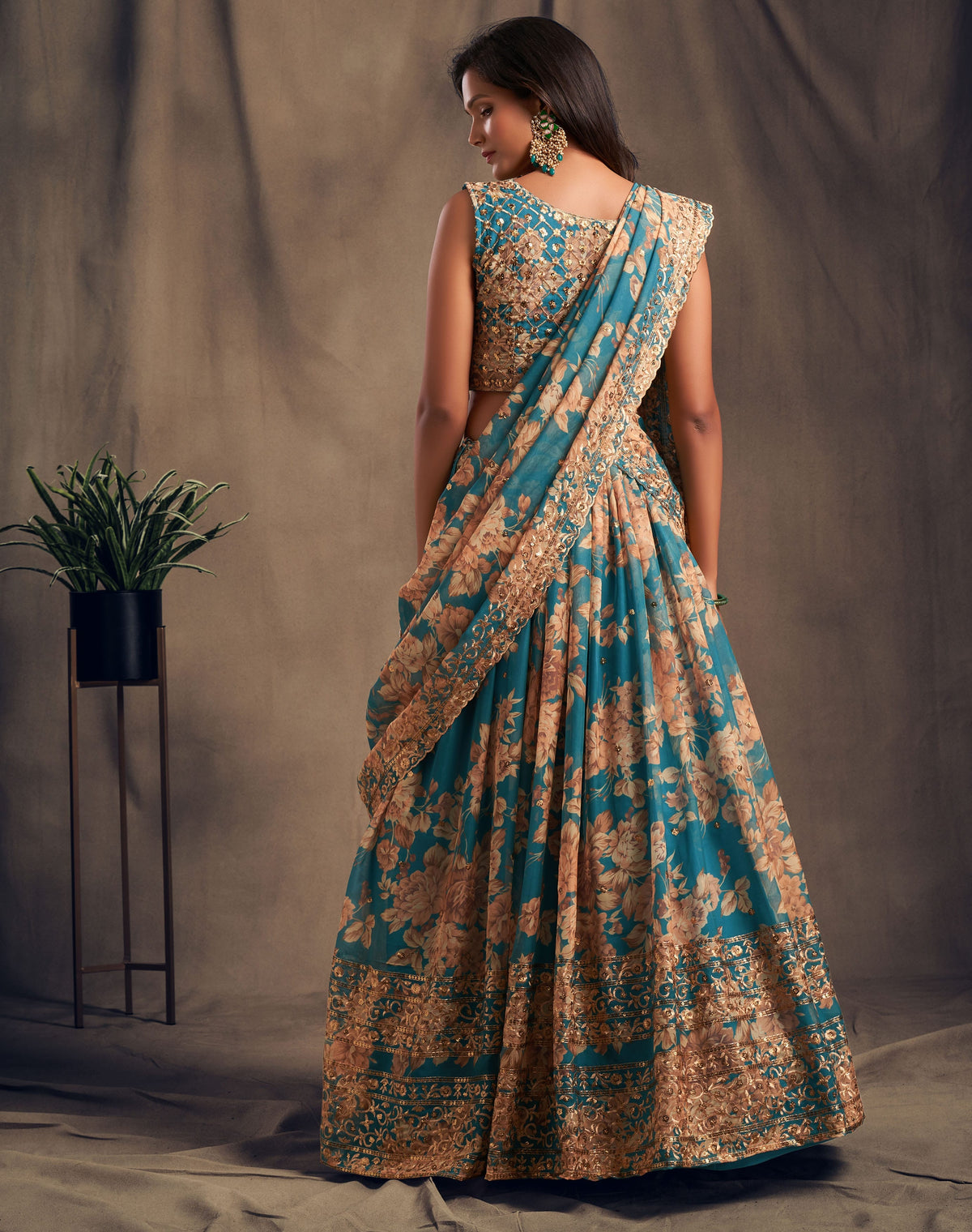 Teal Blue Floral Lehenga Choli with Golden Zari & Sequin Embroidery