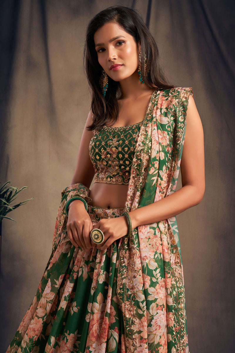 Rama Green-Jaal Embroidery Lehenga Choli