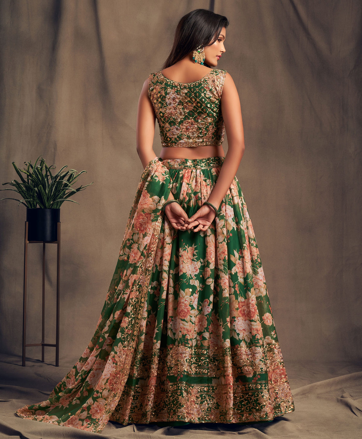 Emerald Green Floral Lehenga Choli with Zari & Sequin Embroidery