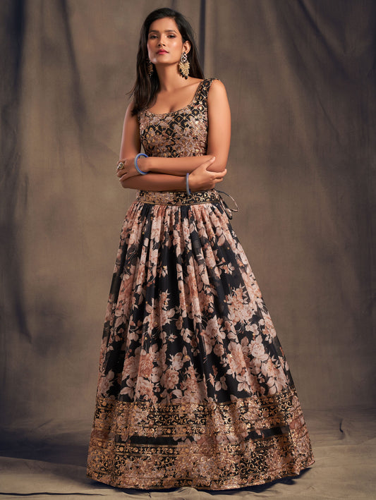 Black Floral Lehenga Choli with Golden Zari Embroidery