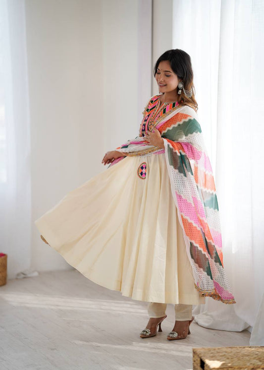 Cream Anarkali Suit with Mirror Work Yoke & Colorful Printed Dupatta