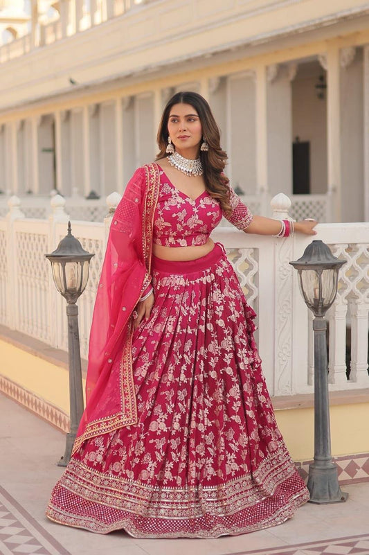 Indian Bridal Rani Pink Embroidered Lehenga Choli Set