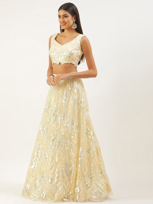 Cream & Gold Sequin Embroidered Lehenga Choli Set with Net Dupatta