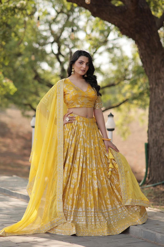 Festive Wear Floral Yellow Wedding Lehenga for Bride & Bridesmaids