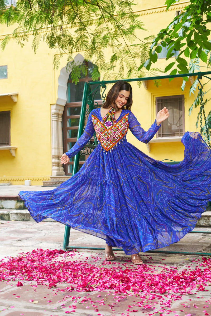 Women Blue Georgette Bandhani Print Work With Kutchi Patch-Work Navaratri Gown