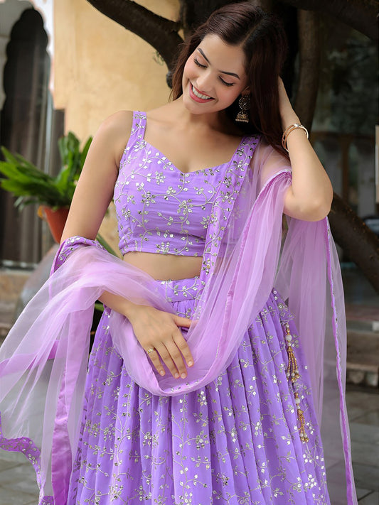 Lavender Embroidered Lehenga Choli with Dupatta for Festive & Wedding Wear