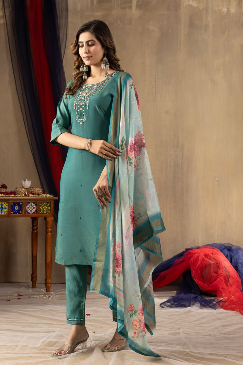 Teal Blue Printed Cotton Blend Straight Suit Sets With Dupatta