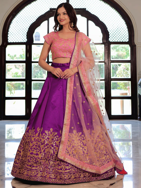 Purple Silk Embroidered Lehenga Choli with Pink Blouse & Net Dupatta for Weddings & Parties