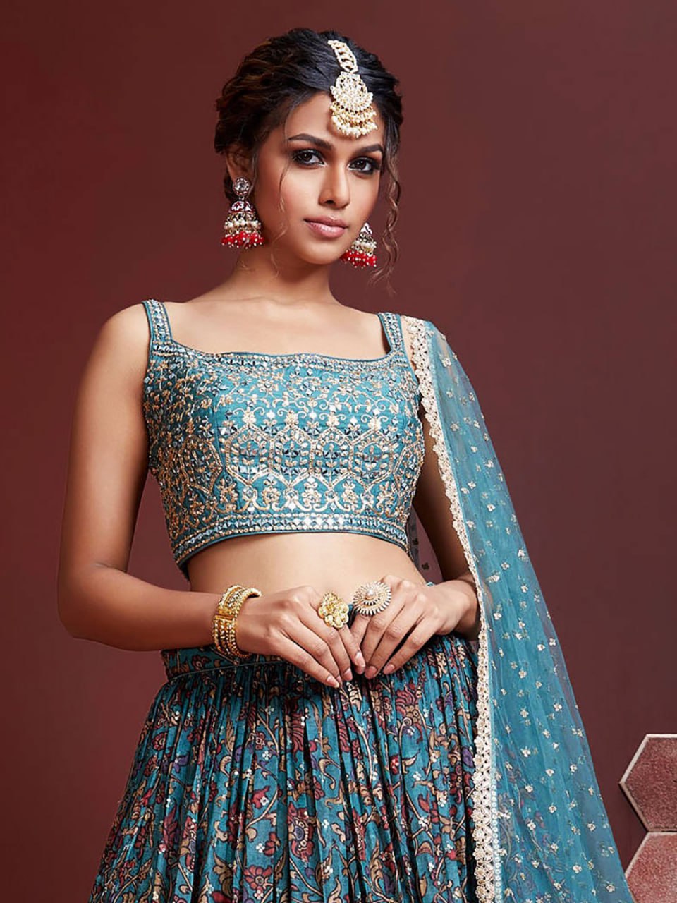 Teal Blue Embroidered Wedding Lehenga with Net Dupatta