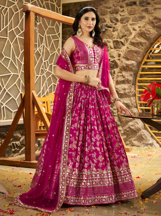 Rani Pink Woven Silk Jacquard Lehenga Choli with Dupatta for Bridesmaids & Parties