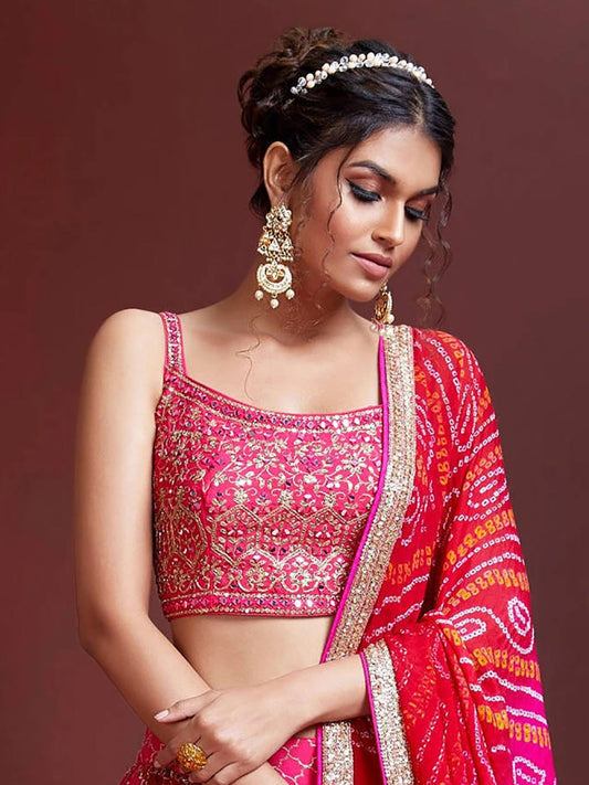 Pink Bandhani Print Lehenga with Mirror Work Blouse