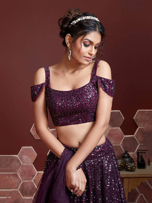 Purple Embroidery Net Party Wear Lehenga Choli