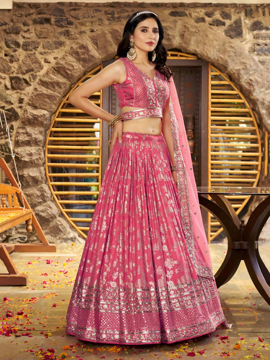 Peach Pink Woven Silk Jacquard Lehenga Choli with Dupatta for Bridesmaids & Parties