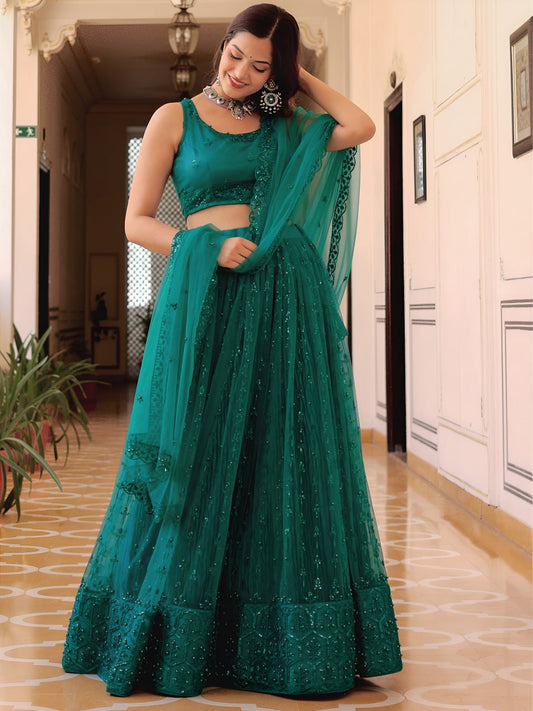Party Wear Teal Green Embroidered Net Lehenga Choli with Dupatta