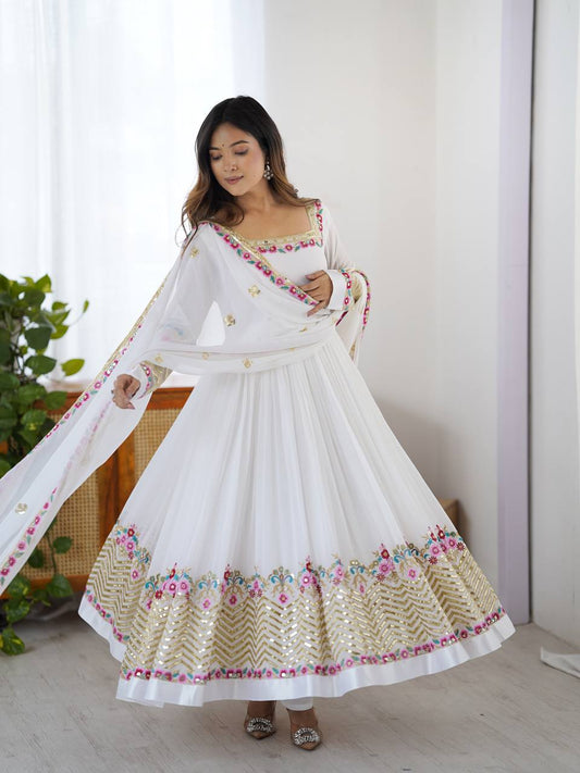 Festive White Anarkali Gown with Floral Embroidery & Golden Sequin