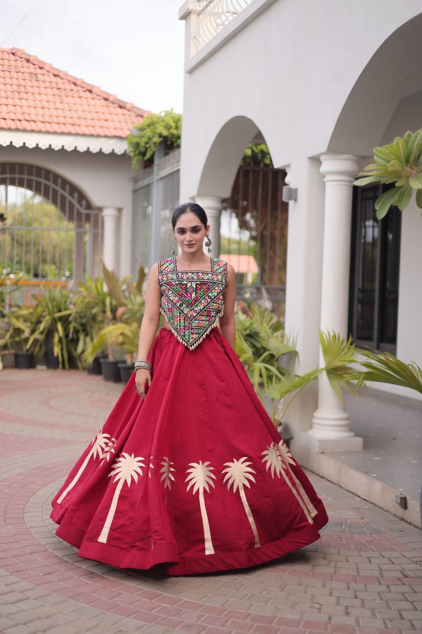 Parrot Green Roman Lehenga with Kutchi Gamthi Embroidered Blouse