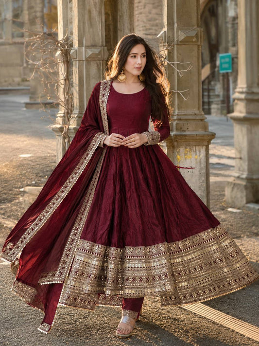 Traditional Maroon Ethnic Gown with Dupatta for Wedding Functions
