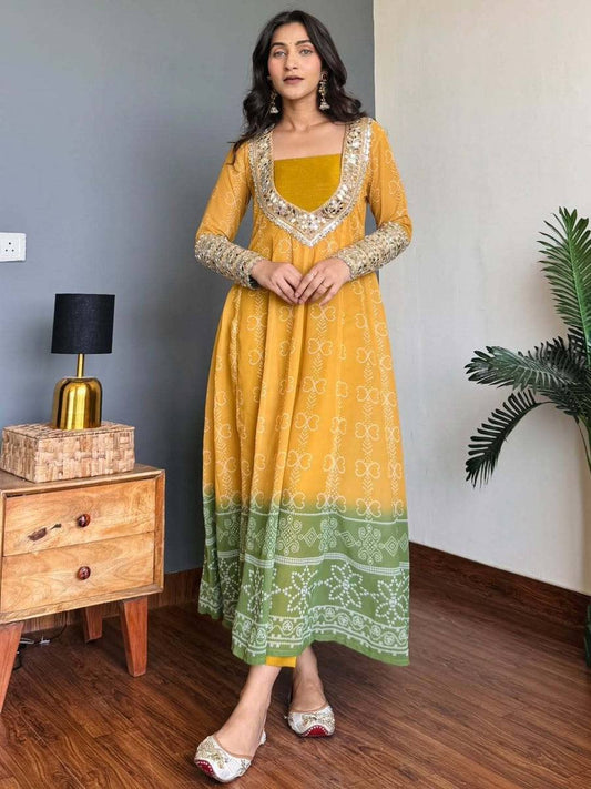 Mustard Yellow Bandhani Anarkali Dress with Embroidery & Mirror Work