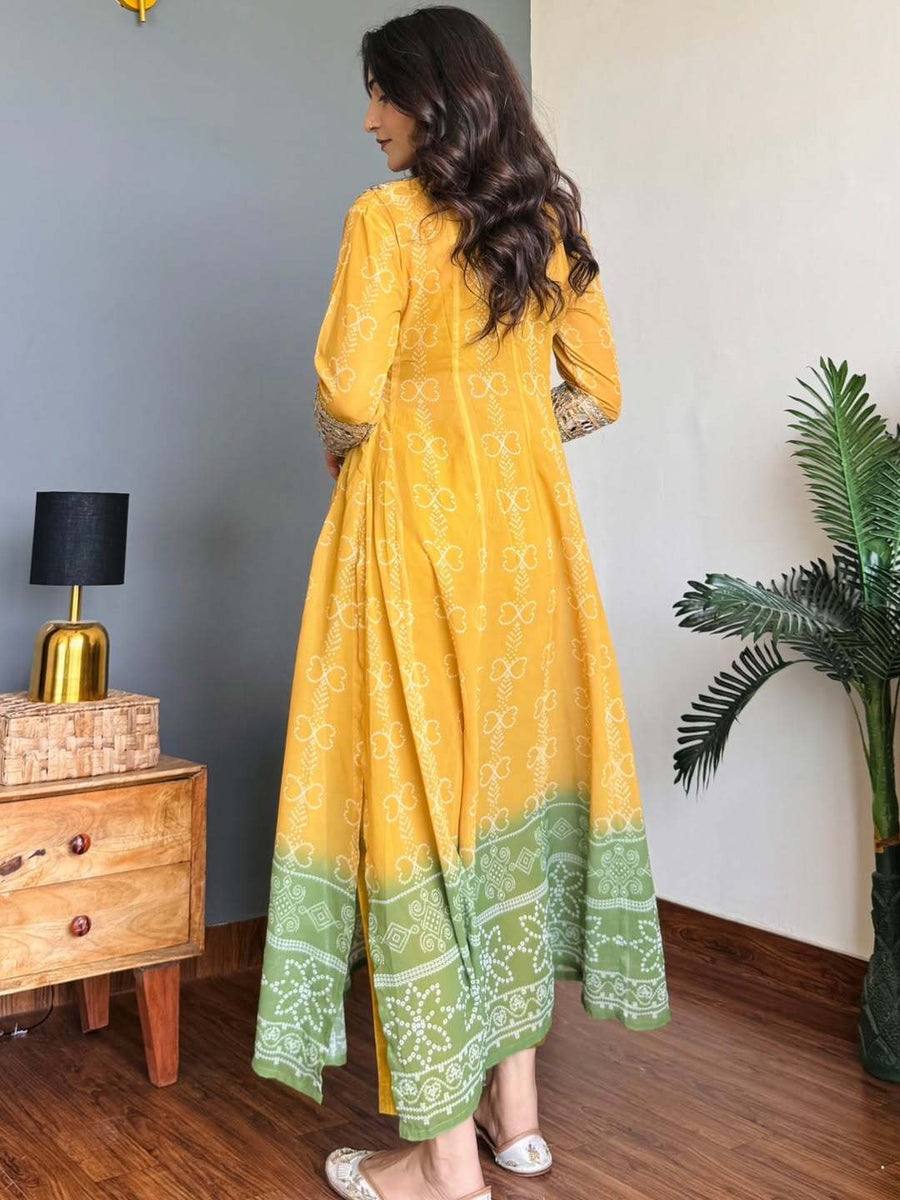 Mustard Yellow Bandhani Anarkali Dress with Embroidery & Mirror Work