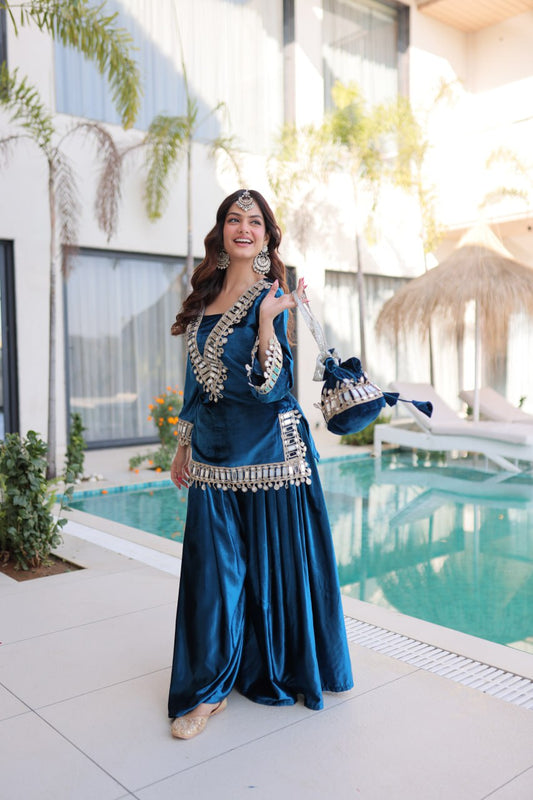 Teal Blue Velvet Mirror Work Palazzo Set with Zari Embroidery & Batwa