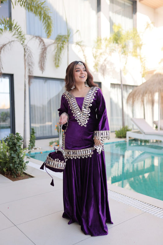 Purple Velvet Mirror Work Palazzo Set with Zari Embroidery & Batwa