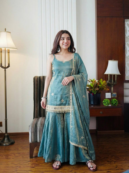 Sea Green Fendy Silk Sharara Suit with Mirror Work Dupatta