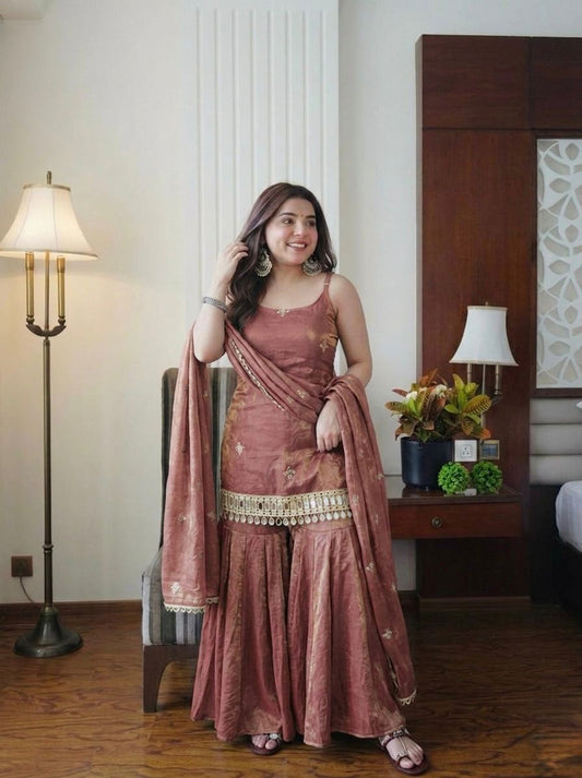Dusty Rose Fendy Silk Sharara Suit with Mirror Work Dupatta
