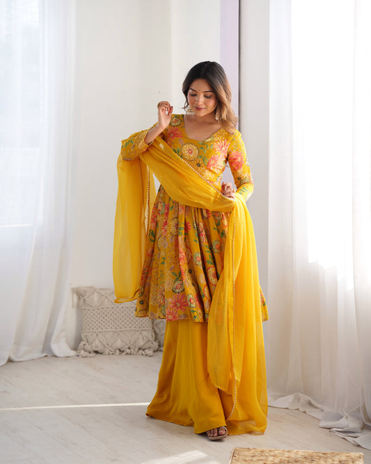 Mustard Yellow Floral Printed Kediya Sharara Set with Dupatta