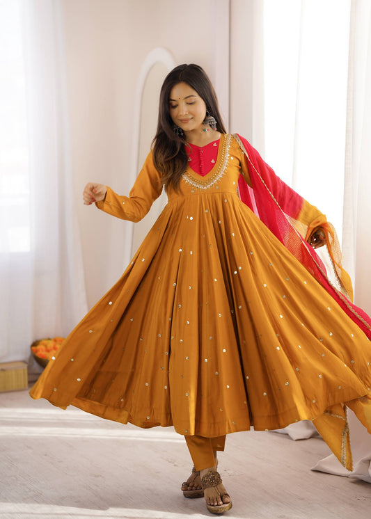 Mustard Yellow Anarkali Suit with Mirror Work Yoke & Pink Dupatta