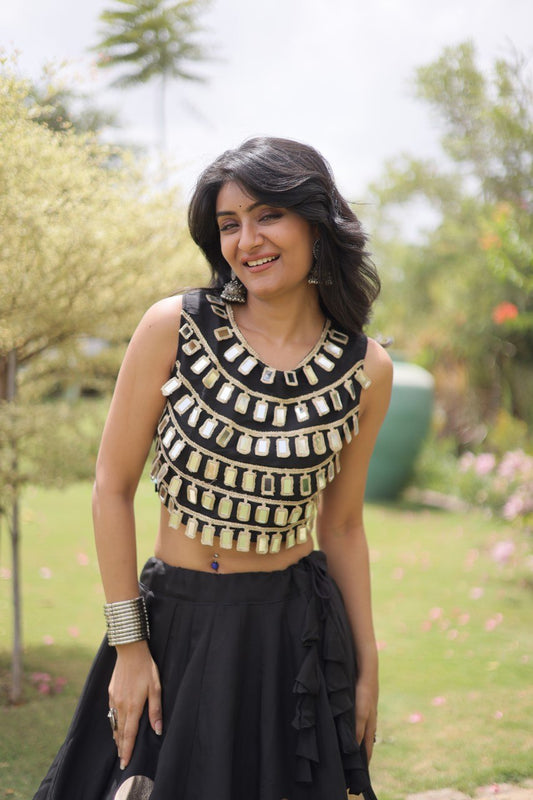 Designer Navratri Special Roman Silk Sleeveless Mirror Lace Blouse