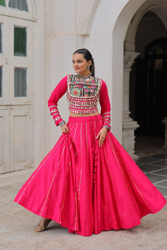 Rani Pink Mirror Work Navratri Lehenga Choli with Kutchi Gamthi Blouse