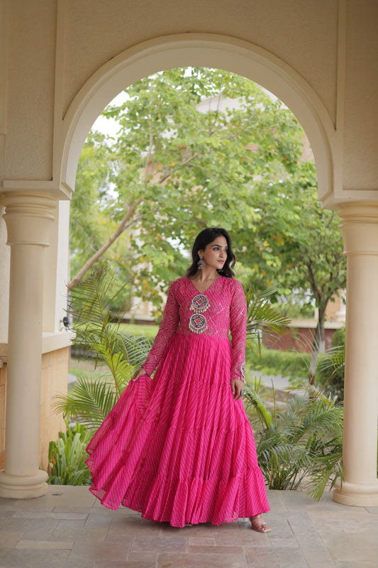 Hot Pink Leheriya Print Gown with Kutchi Patchwork
